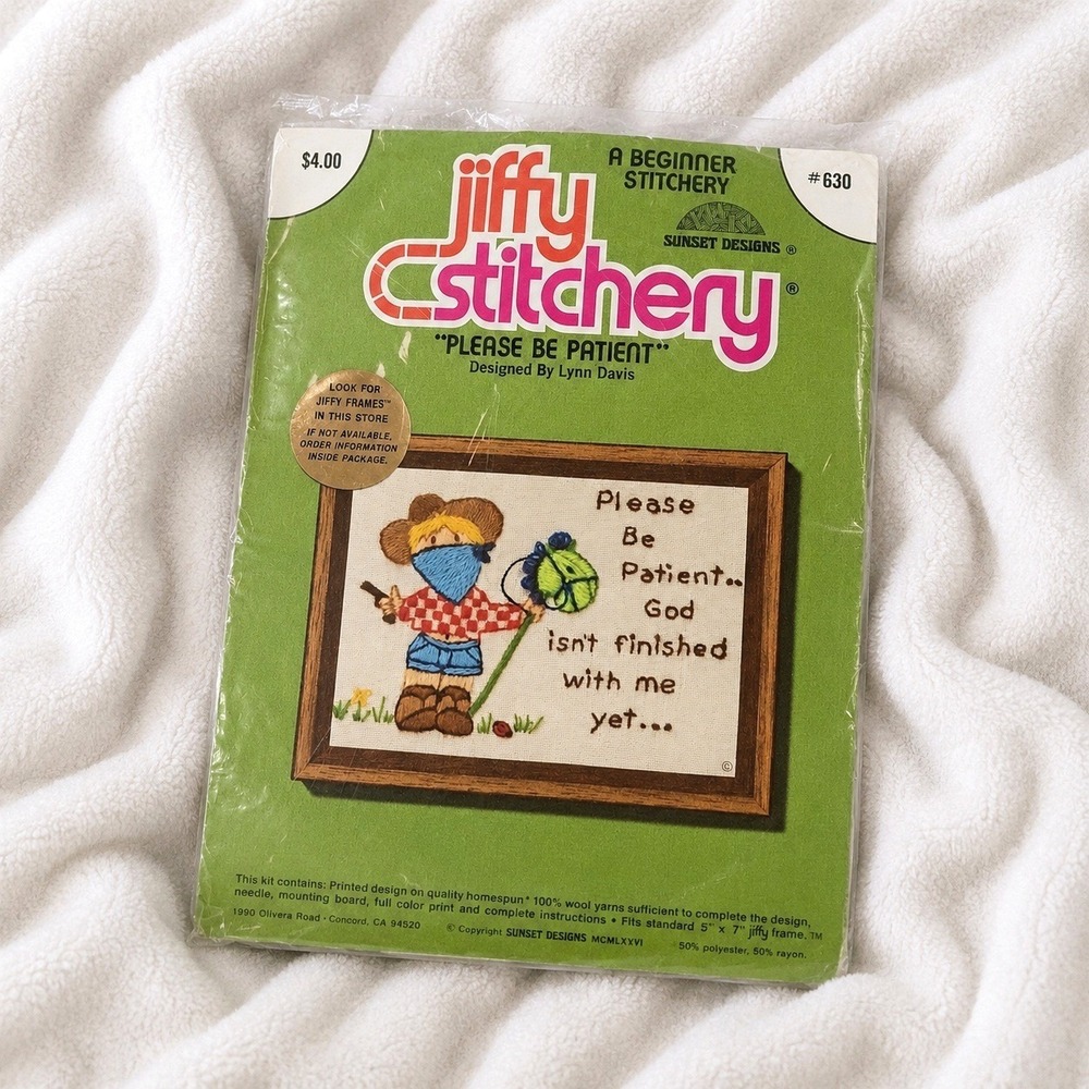 VTG‎ Jiffy Stitchery Crewel Embroidery Kit Please Be Patient God Isn't Finished